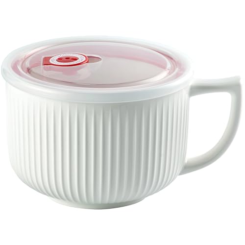Large 1100ml Soup Bowl with Handle & Lid - Ceramic Ramen Mug for Asian Soups, Noodles, Cereals | Microwave & Dishwasher Safe | Entertaining Bowl (White) - Housewarming Gift