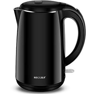 Secura Original Stainless Steel Double Wall Electric Water Kettle 1.8 Quart with Auto Shut-Off & Boil-Dry Protection, Black Onyx SWK-1701DA/HB-3227B