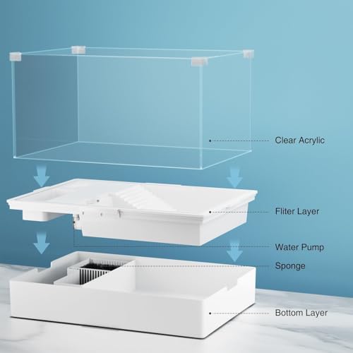 Small Turtle Starter Kit with Integrated Pump, Basking Light, Clear Acrylic 3-Layer Easy Cleaning Turtle Tank Aquarium for Small Reptiles