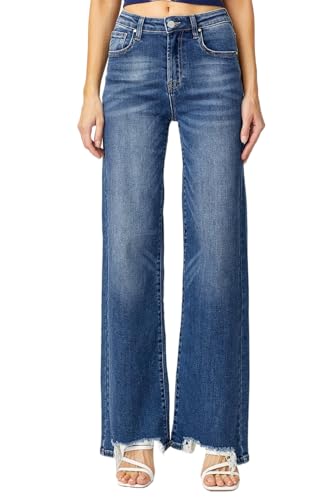 Risen Women's High Rise Frayed Hem Wide Leg Jeans