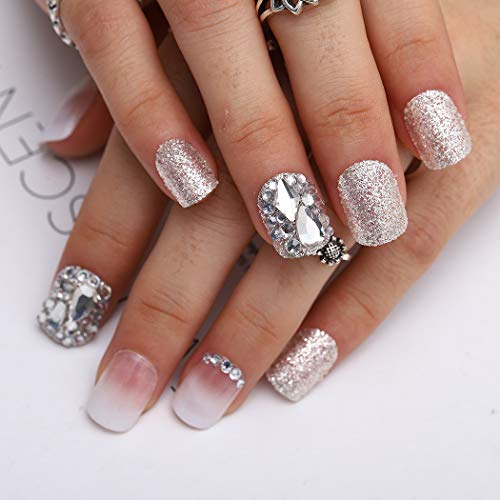 Jovono Glossy Glitter Press on Nails White Gradient Fake Nail Crystal Bling False Nails Short Full Cover Arylic Nail for Women and Girls(24Pcs)