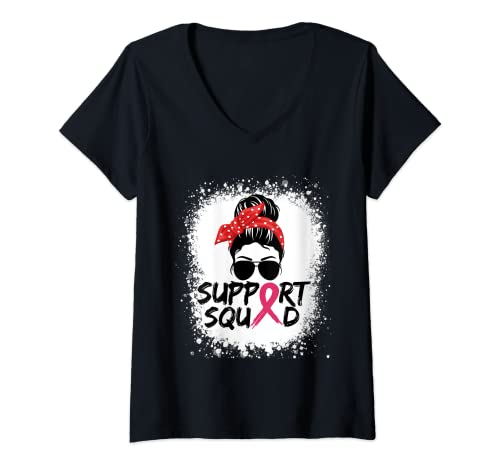 Femme Support Squad T-shirt d'équipe de sensibilisation au cancer du sein pour mari T-Shirt avec Col en V