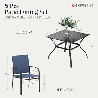 MIXPATIO 5 Pieces Patio Table and Chairs Set, 4 Person Outdoor Dining Furniture Set, 4 Blue Textilene Chairs and 37" Square Metal Table with Umbrella Hole, for Deck Backyard Lawn