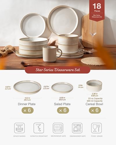 Richmount Star Plates and Bowls Set, 18 Pieces Dinner Sets for 6 People, Stoneware Dinnerware Sets with Dinner Plates/Salad Plate/Cereal Bowls, Dishwasher & Microwave Safe, Cappuccino White - Image 3