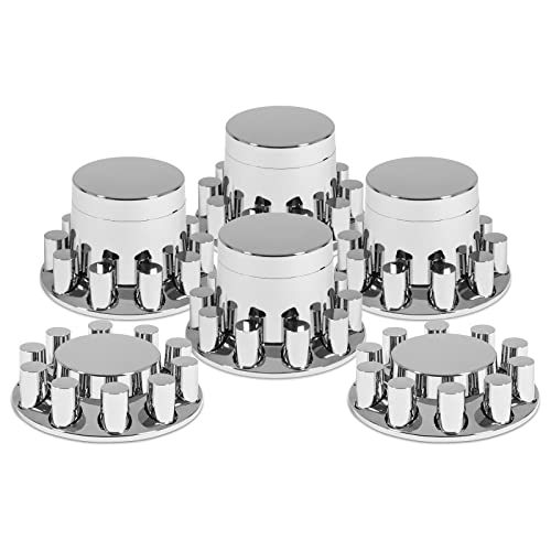 HQALTY 33mm Axle Cover Chrome ABS Flat Top Combo Kit with 33mm Thread-on Lug Nut Covers 2 Front and 4 Rear Axle Wheel Covers and Removable Center Caps for Semi Trucks