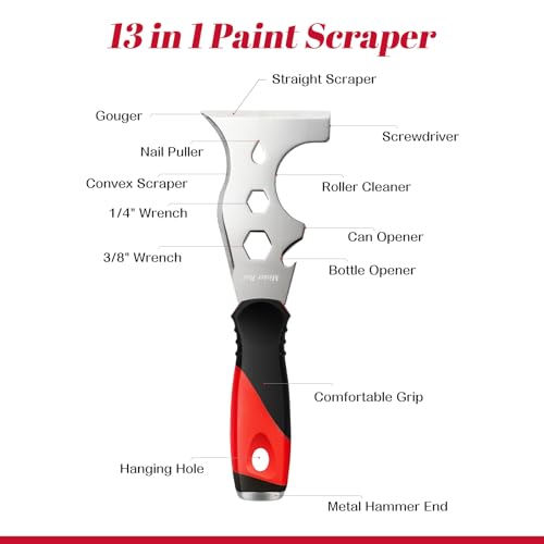 Mister Rui Putty Knife, 2 Pack Paint Scraper, 13 in 1 Putty Knife Multi Fuctional, Stainless Steel Metal Scraper, Spackle Knife with Hammer End, Razor Blade Paint Scraper Tool by Mister Rui - Image 6