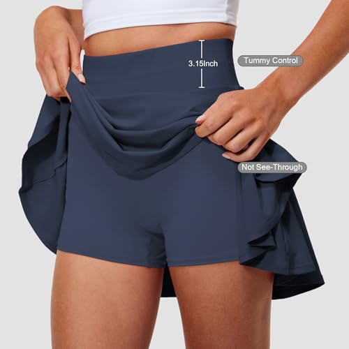 Hiwzffy Pleated Tennis Skirts for Women High Waisted Athletic Golf Skorts Tummy Control Skirts with Shorts Pockets Navy S