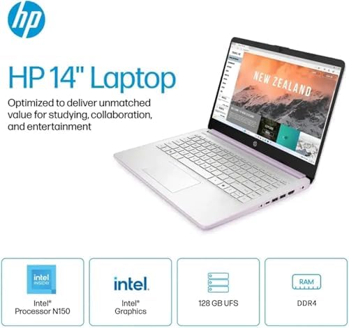 HP 14" HD Student Business Laptop, Intel Quad-Core N150, 8GB RAM, 128GB UFS, 1 Year Office 365, Slim Design, Webcam, HDMI, Bluetooth, WiFi, Win 11 S, Honey Lavender — view 5
