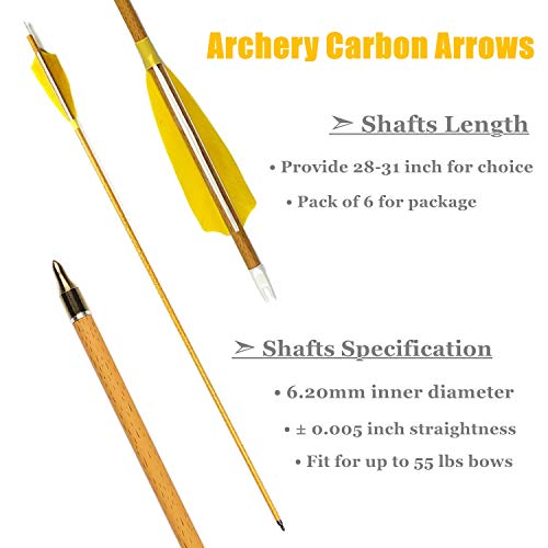Ms Jumpper 6 Pack 30 Inch Archery Hunting Carbon Arrows, Wood Grain Carbon Shaft Spine 500 Fletching 4" Real Feathers For Compound Recurve Bow #TOP1