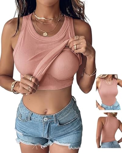 Image of CHICME Women Built-in Bra Tank Tops Sleeveless Casual Shirts Racerback Ribbed Fitted Tank Tops