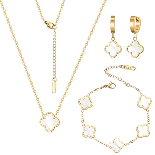 Otdwsd 18K Gold Plated Lucky Clover Jewelry Set Black White and Red Four Leaf Clove Bracelet Necklace and Earrings Fashion Birthday Gifts for Women