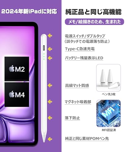 【2025モデル対応】タッチペン Ciscle 専用ペン ペンシル アップルペンシル 第2世代交換 誤on/off防止 スタイラスペン バッテリー残量表示 Type-C急速充電 超高感度 傾き感知/誤作動防止/磁気吸着機能 遅延なし 学生 デザイン用 iPad/iPad Pro/iPad air/iPad mini 対応 ペン先3枚付き ホワイト