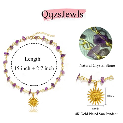 Qqzsjewls Amethyst Necklace Purple Healing Crystal And Stone Necklace Real Amythestyst Crystal Choker Bead Necklace Dainty Sun Pendant Protection Anxiety Women Rosary Aesthetic Y2K Necklace #TOP6