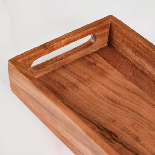 Image of Nestasia Wooden Serving Tray with Handles (41x16cm) - Acacia Wood Rectangular Brown Tray for Dining & Coffee Table | Platter for Serving Tea, Cakes, Snacks, Breakfast & Home Decor (Warm Honey-Brown)