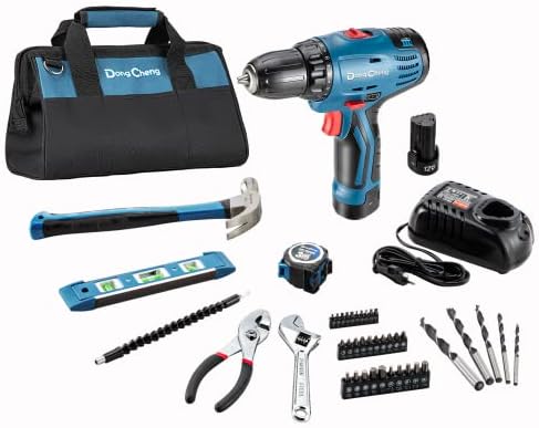 DongCheng 12V Max Cordless Drill Driver 3/8”Keyless Chuck 266 in./lbs Power Drill Set, (0-400/0-1500 RPM) with 46Pcs Home Project Hand Tools and Bits Kit,DCJZ10-10