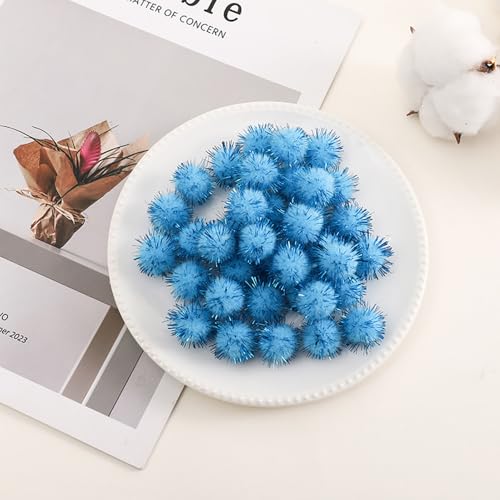 100 Pcs Small Sparkle Balls, Tinsel Pom Poms Puff Balls Glitter Pompoms for Arts Crafts DIY Christmas (Blue)