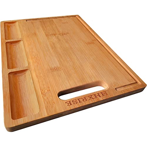 Large Bamboo Cutting Board With 3 Built-In Compartments And Juice Grooves - Kitchen Chopping Board for Meat (Butcher Block) Cheese and Vegetables (XL 18 x 12.6 )
