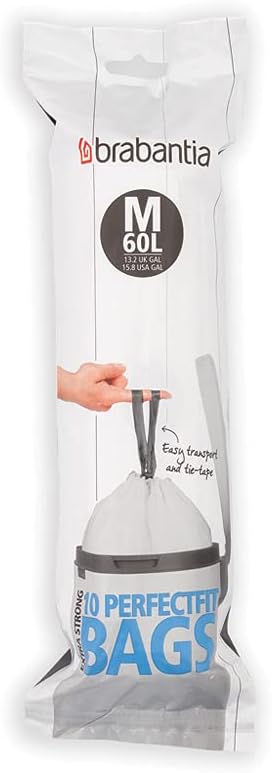 Brabantia PerfectFit Trash Bags (Size M / 16 Gallon) High Quality Thick Plastic Trash Can Liners with Tie Tape Drawstring Handles (10 Bags)