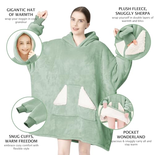 Touchat Wearable Blanket Hoodie, Oversized Sherpa Blanket Sweatshirt with Hood Pocket and Sleeves, Gifts Hooded Blanket for Adult Women Men (Green)