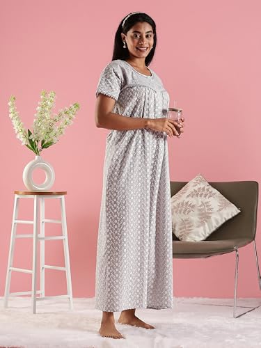 Image of 9shines Label Stylish Chikankari Cotton Nighty Maxi for Women | Full Length Nightgown | Nightdress with Pocket | Embroidery Nighty | Soft Comfortable Cotton Nightwear (1545)