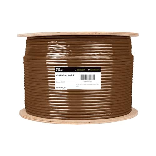 TRUE CABLE Cat6 Direct Burial Outdoor Bulk Ethernet Cable, Unshielded, 1000ft, Brown, 23AWG Solid Bare Copper, Outdoor OSP Jacket, Waterproof, UV, 550MHz, PoE++ 100W (4PPoE)
