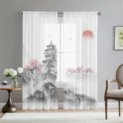 Odot Rideau Voilage Semi Occultant Salon,Style Chinois Vue Montagne Imprimé 3D Rideaux Voilages Passe Tringle Rideaux Voile Semi Transparent 2 Panneaux Rideau...