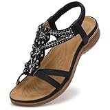 Littleplum Damen Sandalen Sommer Flach Sandalette Bohemia Strand Sandalen, Schwarz, 40 EU