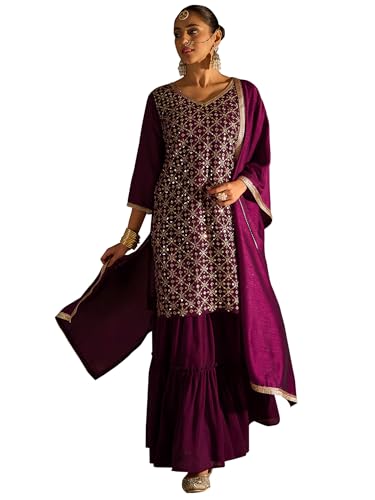 Image of INDO ERA Women's Embroidered Georgette Knee Length Straight Kurta & Sharara With Dupatta Set (SHTUR7823)