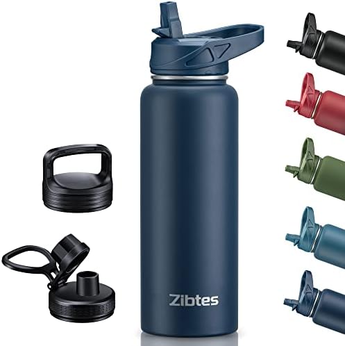 Zibtes 40 oz Insulated Water Bottle With Straw,3 Lids(Flip, Spout and Handle Lid), Stainless Steel Leak Proof Sports Water Flask, Double Walled Vacuum Metal Water Bottle (Navy)