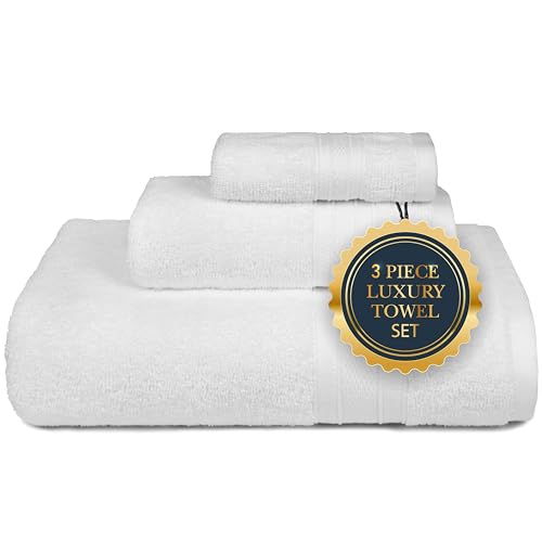 TRIDENT White Towels Bathroom Sets, 1 White Bath Towel, 1 White Hand Towel, 1 White Face Towel, Toallas De Mano Para Baño, Absorbent Towels for Gifting, Gym, Spa, Hotel, Bathroom, Xmas White Towel Set
