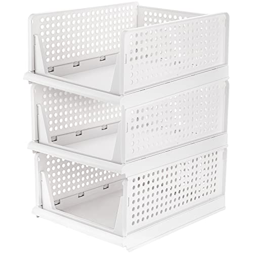 Okllen 3 Pack Stackable Storage Bins, Plastic Clothes Drawer Organizer Wardrobe Storage Box Shelf Basket, Foldable Sliding Bins For Cabinet, Laundry, Bedroom Closet, Office, White #TOP10