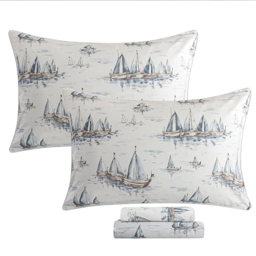 Image of FADFAY Premium 100% Cotton Sheet Set Queen - Coastal Nautical Sailboat Bedding, Soft Gray Seaside Harbor Print, Soft Breathable Cooling Bed Sheets, Deep Pocket Luxury Coastal Bedding 4 Piece