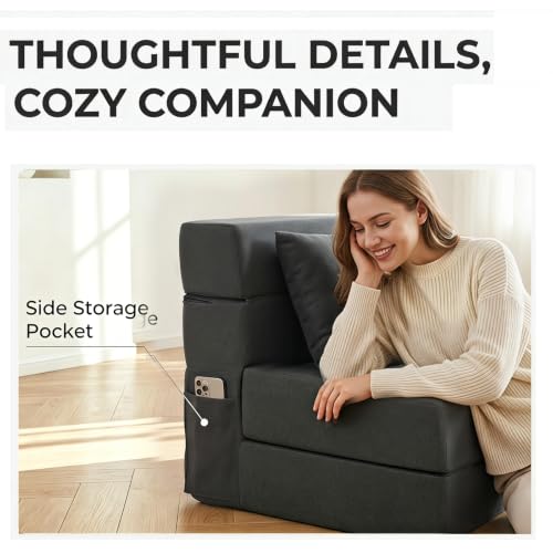 Image of Folding Sofa Bed | Convertible Sleeper Chair Bed for Adults, Fold Out Chair to Bed Linen Futon Chair with Pillow, for Home Dorm Apartment RV Living Room, Single Size Dark Gray