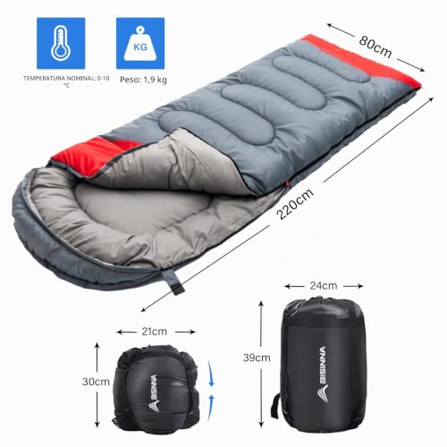 Miniatura 2 de Bisinna Saco De Dormir Con Almohada - 4 Estaciones, Ligero, Impermeable, Cálido, Saco De Dormir Con Un Saco De Compresión Para Adultos, Camping Gris, Cremallera Lateral Derecha