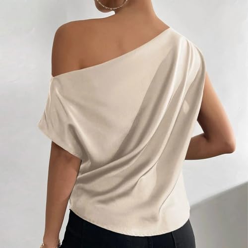 2024 Summer Women's Tops Vest Slant Neck Pleated Asymmetric Vest Tops Solid Colour One Shoulder Versatile Tops(Color:Beige,Size:Medium)3