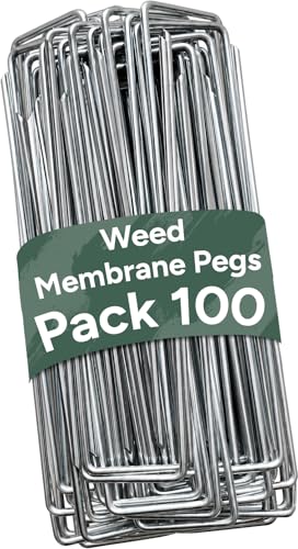 Image of Zuvo - Weed Membrane Pegs (100 Pack) - 6 Inch/150mm U-Shaped Garden Stakes for Securing Lawn, Artificial Grass, Matting, and Netting - Galvanized Steel Ground pegs, Silver