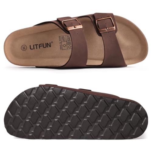 Image of Litfun Unisex Cork Footbed Sandals Summer Slip On Slides for Women Men | Adjustable Buckle, Comfortable Sandals With Arch Support, Beach Casual Style