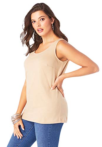 Roamans Women's Plus Size Scoopneck Tank Top 100% Cotton Layering A-Shirt - 1X, New Khaki Beige #TOP3