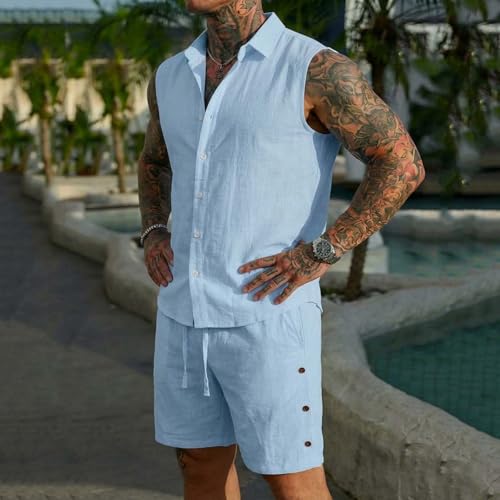 Mens Summer Outfits 2 Piece Mens Summer Outfits Sleeveless Button Down Shirt and Shorts Cotton Linen Matching Sets Beachwear Resort Wear — view 3