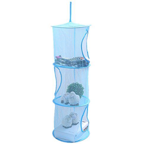 Homecube 3 Compartments Hanging Mesh Storage Basket Organizer, Toy Storage Cage, Collapsible (Blue)