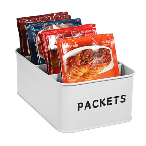 BSTKEY Seasoning Packet Organizer, Food Storage Organizer with Divided 4 Compartments, Metal Storage Caddy for Kitchen Pantry Cabinet, Kitchen Organization Bin for Snacks Spice Packets, White