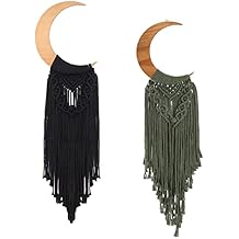 Macrame Wall Hanging Boho Moon Decor, Bohemian Crescent Moon Wooden Ornament with Long Tassel,Handmade Unique Moon Phases Wooden Art Home Decor for Bedroom Nursery Living Room