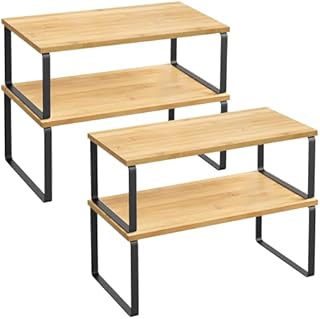 SONGMICS KCS210B01 Stojak na przyprawy, zestaw 2 organizerów do półek kuchennych, rozkładany, metal i drewno inżynieryjne biały (Cloud White) i naturalny beżowy