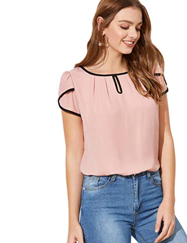 Milumia Women's Casual Pleated Petal Cap Sleeve Round Neck Keyhole Blouse Top A Pink Large #TOP3