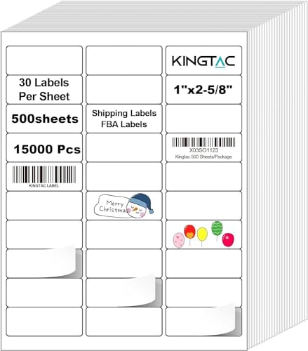 Kingtac (15,000 Labels, 500 Sheets) 30 Up Address Labels, 1\" x 2-5/8\" Sheet Labels 30 UP Shipping Sticker Labels for Laser & Inkjet Printers