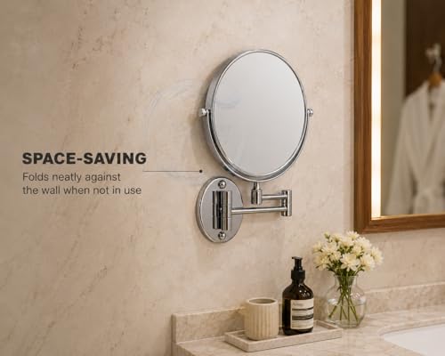 Image of BATH GURU 8 Inch 360 Shaving Mirror | Chrome Finish & 3X Magnification | Mirror for Makeup with Wall Mount Bracket | Shaving & Makeup Mirror for Bathroom & Vanity | 360 Swivel Extendable Arm