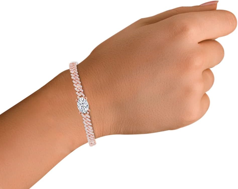 SAVEARTH DIAMONDS Oval & Round Cut Lab Grown Diamond Adjustable Single Row Cuban Chain Bracelet In 14K Solid Gold (Color: G-H, Clarity : VS-SI, 3.90Ct To 4.35Ct), With 1" Extension