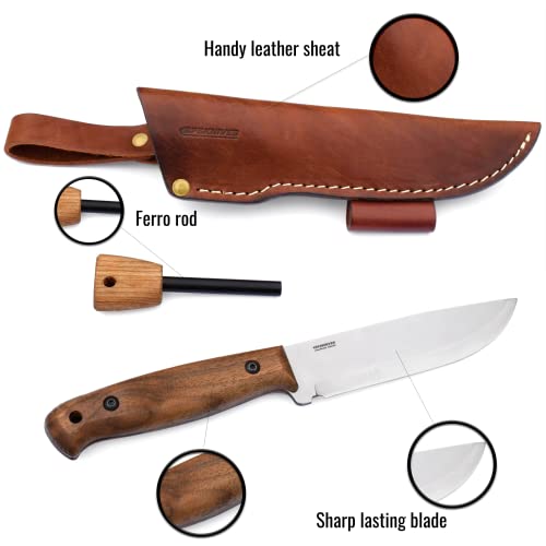 Bps Knives Adventurer - Bushcraft Knife - Fixed-Blade Carbon Steel Knife With Leather Sheath And Firestarter - Outdoor Full Tang Knife - Camping Knives - Survival Tactical Camp Knife - Utility Knife #TOP1