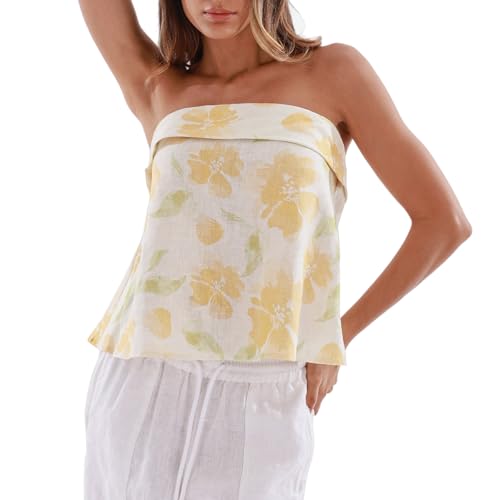 Amazhiyu Women's 100% Linen Tube Tops Casual Summer Sleeveless Back-tie Boho Blouse