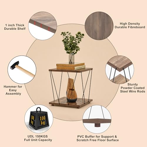 Image of JD FRESH Wooden End Table with Modern Metal Frame /Open Storage Shelf /Multi-Purpose Display & Storage Shelf /Stylish, Sturdy & Space-Saving Side Table for Living Room, Bedroom (Deep, Brown)